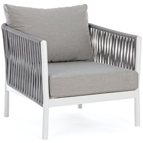 Poltroncina "Florencia" con braccioli e cuscino, struttura in alluminio, intreccio con corde, 60 cm -Bianco