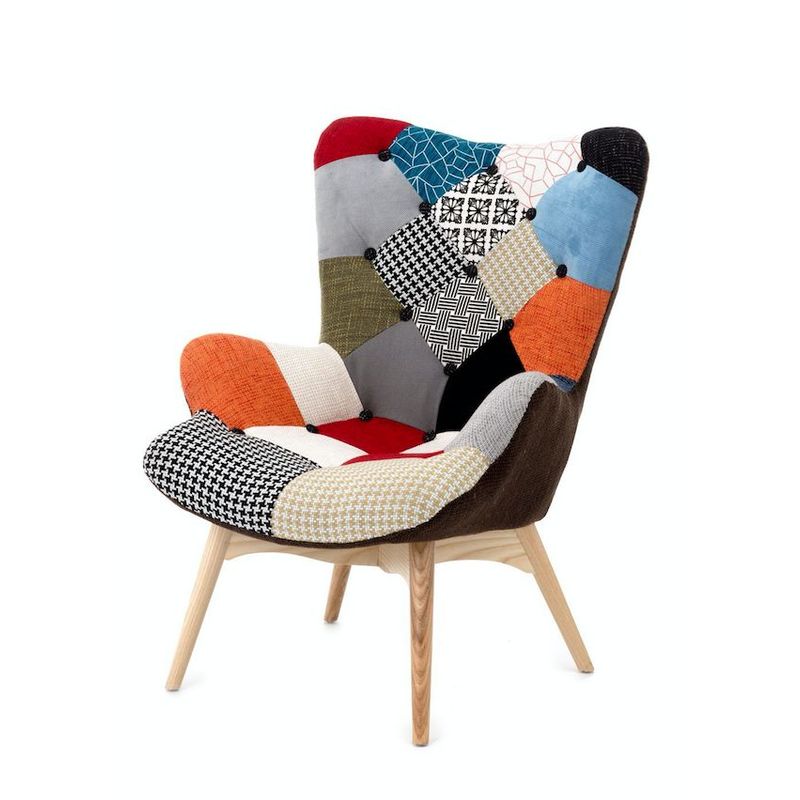 Poltroncina imbottita in tessuto Patchwork con gambe in faggio - Multicolore