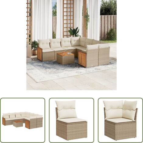 Poltrone da esterno -  Set Divano da Giardino 9 pz con Cuscini Beige in Polyrattan