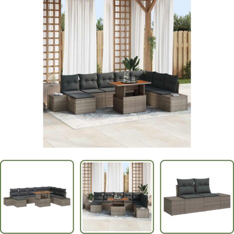 Poltrone da giardino -  Set da Pranzo per Giardino con cuscino 9 pcs Grigio e Marrone
