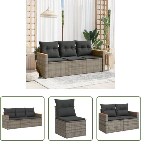 Poltrone da giardino -  Set Divani da Giardino 3 pz con Cuscini Grigio in Polyrattan