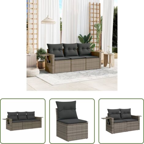 Poltrone da giardino -  Set Divani da Giardino 3 pz con Cuscini Grigio in Polyrattan