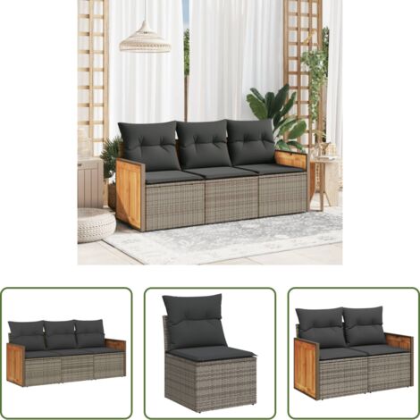 Poltrone da giardino -  Set Divani da Giardino 3 pz con Cuscini Grigio in Polyrattan