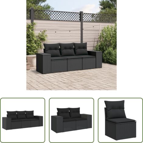 Poltrone da giardino -  Set Divani da Giardino 3 pz con Cuscini in Polyrattan Nero