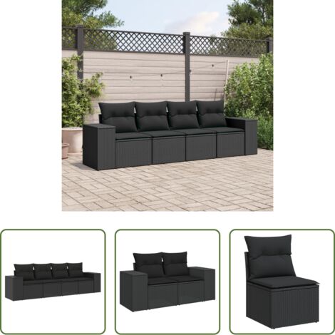 Poltrone da giardino -  Set Divani da Giardino 4 pz con Cuscini Nero in Polyrattan