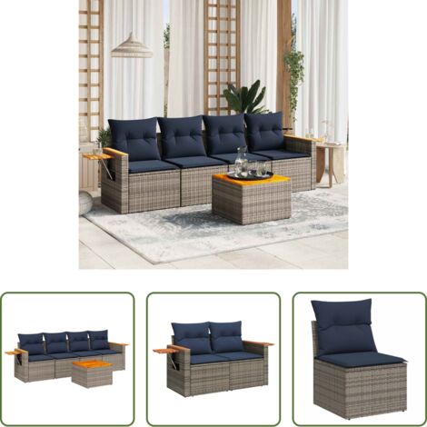 Poltrone da giardino -  Set Divani da Giardino 5 pz con Cuscini Grigio in Polyrattan
