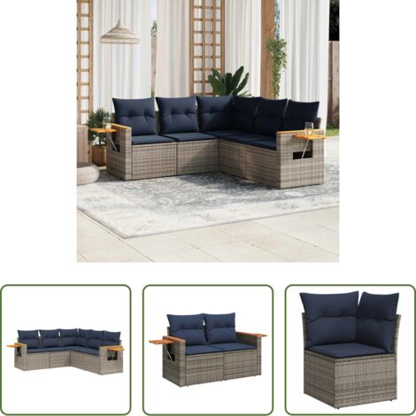 Poltrone da giardino -  Set Divani da Giardino 5 pz con Cuscini Grigio in Polyrattan
