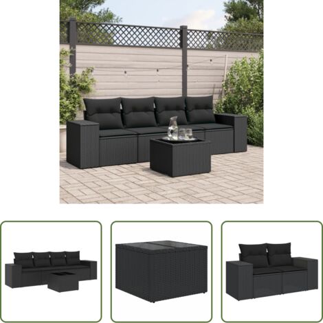 Poltrone da giardino -  Set Divani da Giardino 5 pz con Cuscini in Polyrattan Nero
