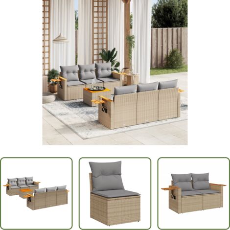 Poltrone da giardino -  Set Divani da Giardino 7 pz con Cuscini Beige in Polyrattan