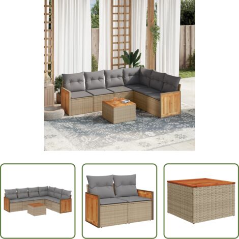 Poltrone da giardino -  Set Divani da Giardino 7 pz con Cuscini Beige in Polyrattan