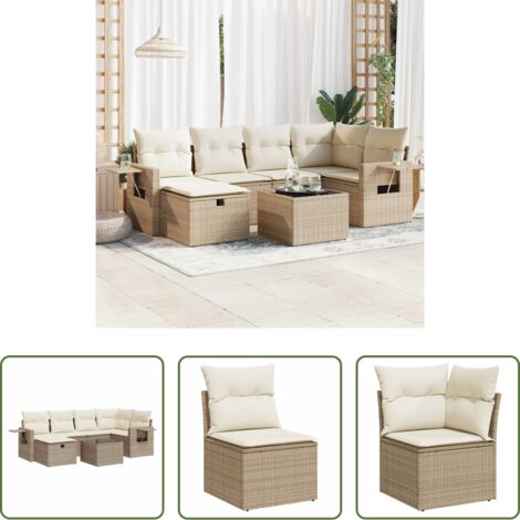 Poltrone da giardino -  Set Divani da Giardino 7 pz con Cuscini Beige in Polyrattan