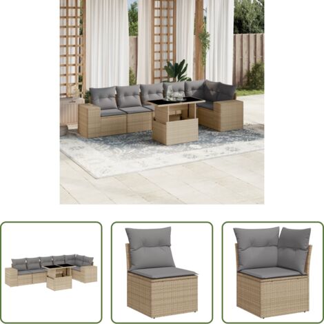 Poltrone da giardino -  Set Divani da Giardino 7 pz con Cuscini Beige in Polyrattan