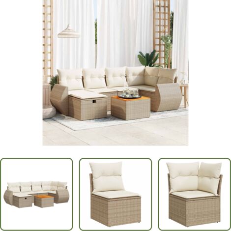 Poltrone da giardino -  Set Divani da Giardino 7 pz con Cuscini Beige in Polyrattan