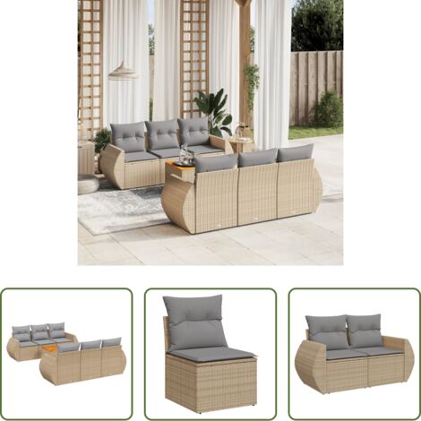 Poltrone da giardino -  Set Divani da Giardino 7 pz con Cuscini Beige in Polyrattan