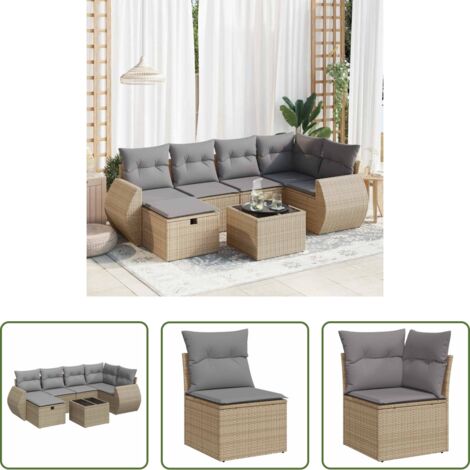 Poltrone da giardino -  Set Divani da Giardino 7 pz con Cuscini Beige in Polyrattan