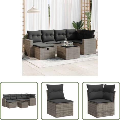 Poltrone da giardino -  Set Divani da Giardino 7 pz con Cuscini Grigio in Polyrattan
