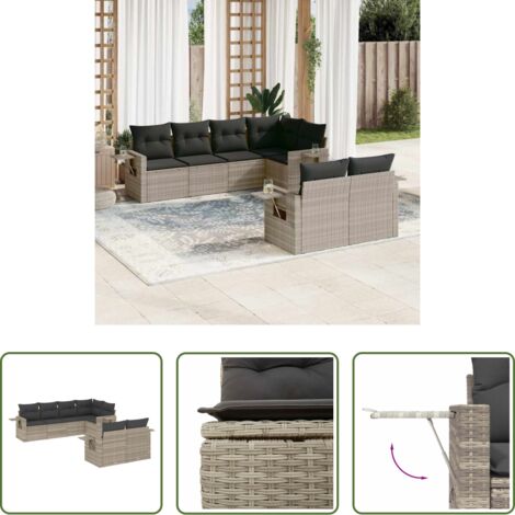 Poltrone da giardino -  Set Divani da Giardino 7pz con Cuscini Grigio Chiaro Polyrattan