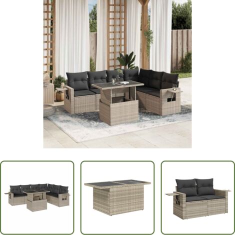 Poltrone da giardino -  Set Divani da Giardino 7pz con Cuscini Grigio Chiaro Polyrattan