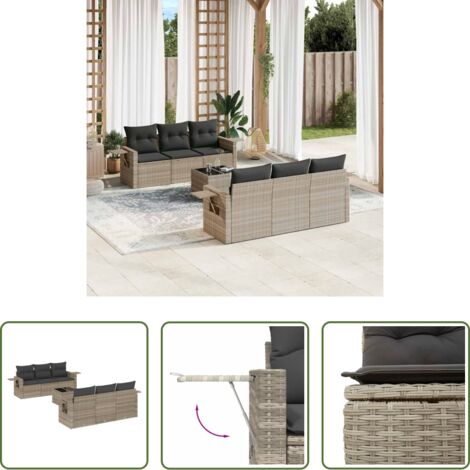 Poltrone da giardino -  Set Divani da Giardino 7pz con Cuscini Grigio Chiaro Polyrattan