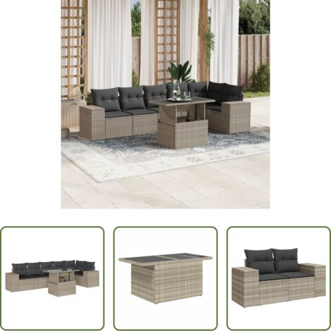 Poltrone da giardino -  Set Divani da Giardino 7pz con Cuscini Grigio Chiaro Polyrattan