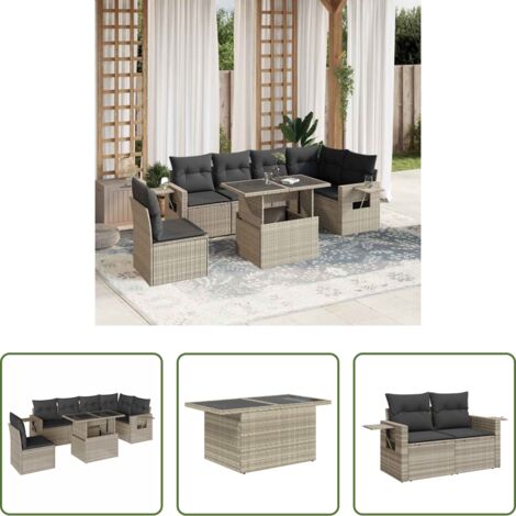 Poltrone da giardino -  Set Divani da Giardino 7pz con Cuscini Grigio Chiaro Polyrattan