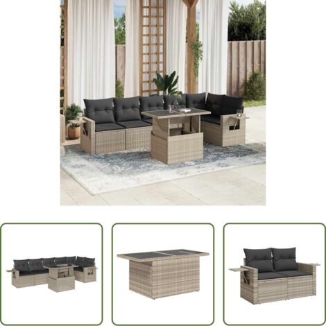 Poltrone da giardino -  Set Divani da Giardino 7pz con Cuscini Grigio Chiaro Polyrattan
