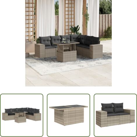 Poltrone da giardino -  Set Divani da Giardino 7pz con Cuscini Grigio Chiaro Polyrattan
