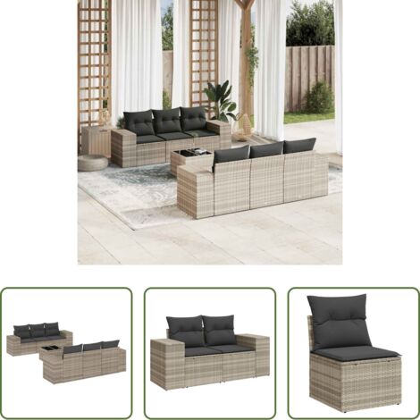 Poltrone da giardino -  Set Divani da Giardino 7pz con Cuscini Grigio Chiaro Polyrattan