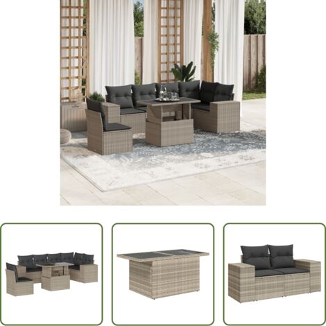 Poltrone da giardino -  Set Divani da Giardino 7pz con Cuscini Grigio Chiaro Polyrattan