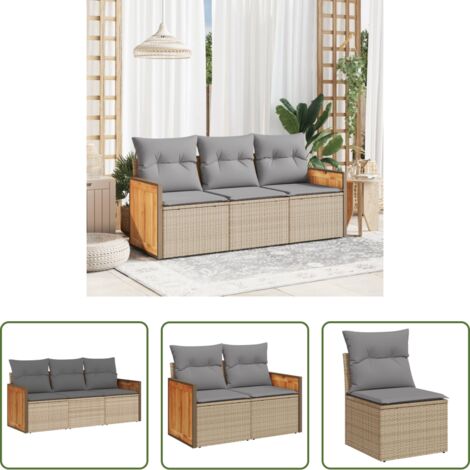 Poltrone da giardino -  Set Divano da Giardino 3 pz con Cuscini Beige in Polyrattan
