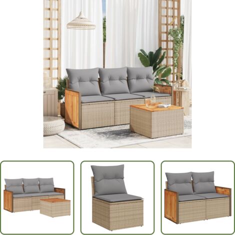 Poltrone da giardino -  Set Divano da Giardino 4 pz con Cuscini Beige in Polyrattan