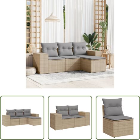 Poltrone da giardino -  Set Divano da Giardino 4 pz con Cuscini Beige in Polyrattan