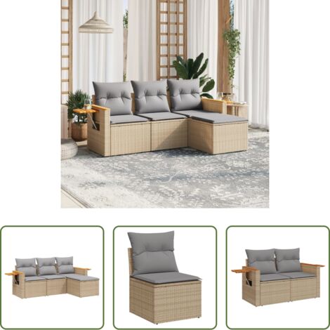 Poltrone da giardino -  Set Divano da Giardino 4 pz con Cuscini Beige in Polyrattan