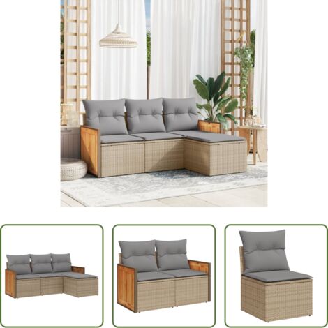 Poltrone da giardino -  Set Divano da Giardino 4 pz con Cuscini Beige in Polyrattan