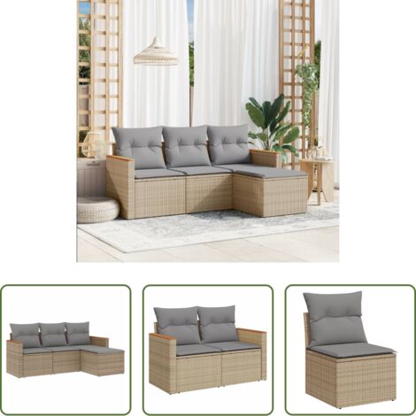 Poltrone da giardino -  Set Divano da Giardino 4 pz con Cuscini Beige Misto Polyrattan