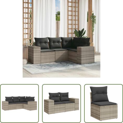 Poltrone da giardino -  Set Divano da Giardino 4pz con Cuscini Grigio Chiaro Polyrattan