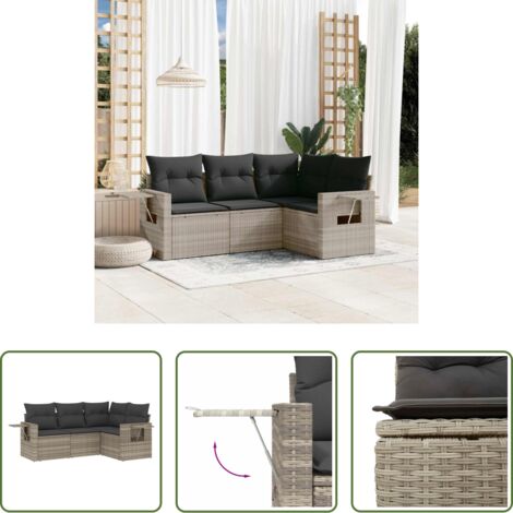 Poltrone da giardino -  Set Divano da Giardino 4pz con Cuscini Grigio Chiaro Polyrattan