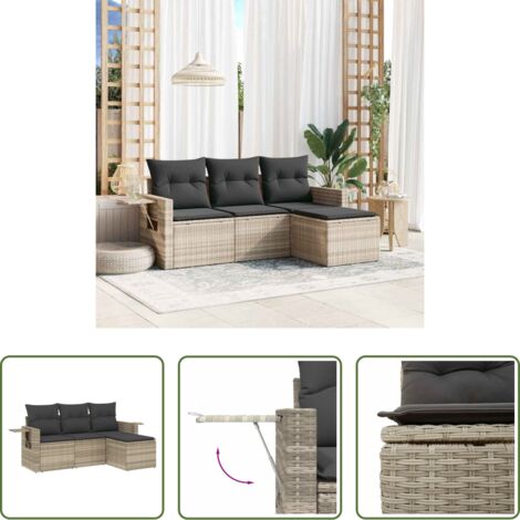 Poltrone da giardino -  Set Divano da Giardino 4pz con Cuscini Grigio Chiaro Polyrattan