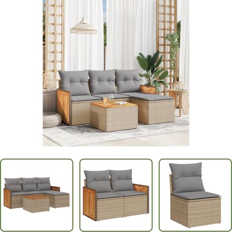 Poltrone da giardino -  Set Divano da Giardino 5 pz con Cuscini Beige in Polyrattan