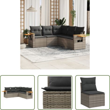 Poltrone da giardino -  Set Divano da Giardino 5 pz con Cuscini Grigio in Polyrattan
