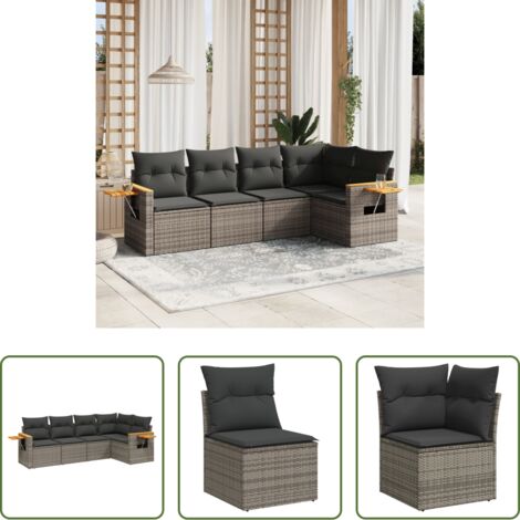 Poltrone da giardino -  Set Divano da Giardino 5 pz con Cuscini Grigio in Polyrattan