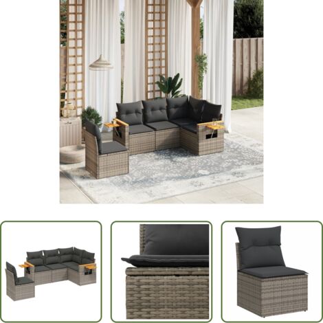 Poltrone da giardino -  Set Divano da Giardino 5 pz con Cuscini Grigio in Polyrattan