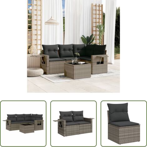 Poltrone da giardino -  Set Divano da Giardino 5 pz con Cuscini Grigio in Polyrattan