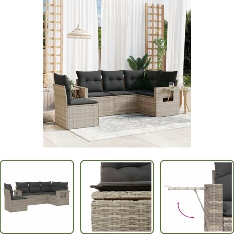 Poltrone da giardino -  Set Divano da Giardino 5pz con Cuscini Grigio Chiaro Polyrattan
