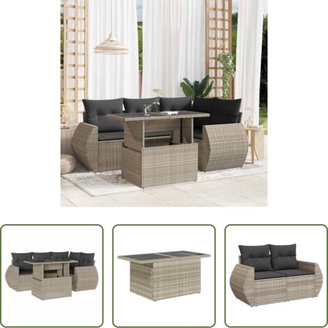Poltrone da giardino -  Set Divano da Giardino 5pz con Cuscini Grigio Chiaro Polyrattan