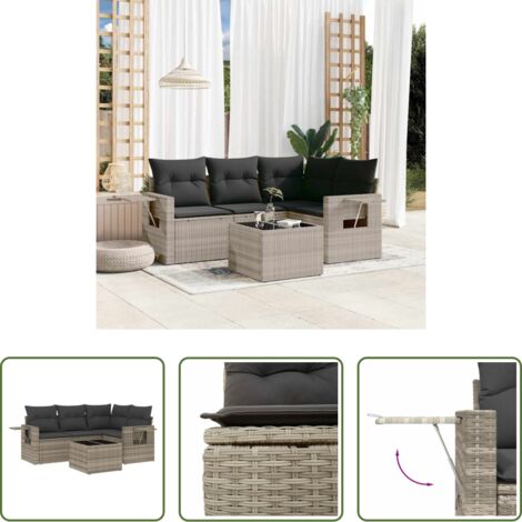 Poltrone da giardino -  Set Divano da Giardino 5pz con Cuscini Grigio Chiaro Polyrattan