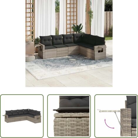 Poltrone da giardino -  Set Divano da Giardino 6pz con Cuscini Grigio Chiaro Polyrattan