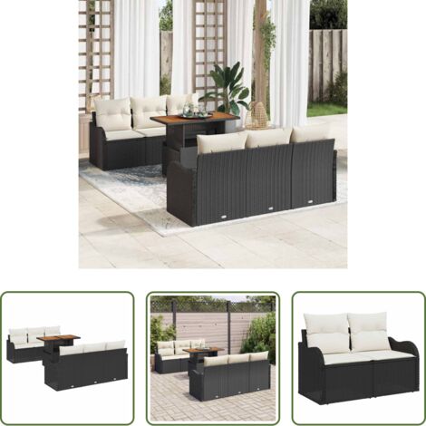 Poltrone da giardino -  Set Divano da Giardino 7 pcs Nero e Crema polyrattan