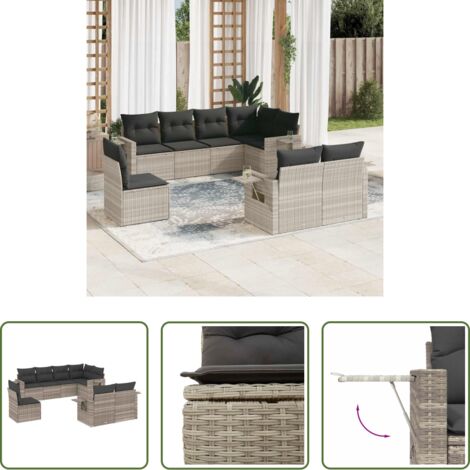 Poltrone da giardino -  Set Divano da Giardino 8pz con Cuscini Grigio Chiaro Polyrattan
