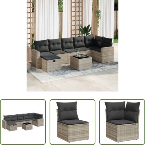 Poltrone da giardino -  Set Divano da Giardino 8pz con Cuscini Grigio Chiaro Polyrattan